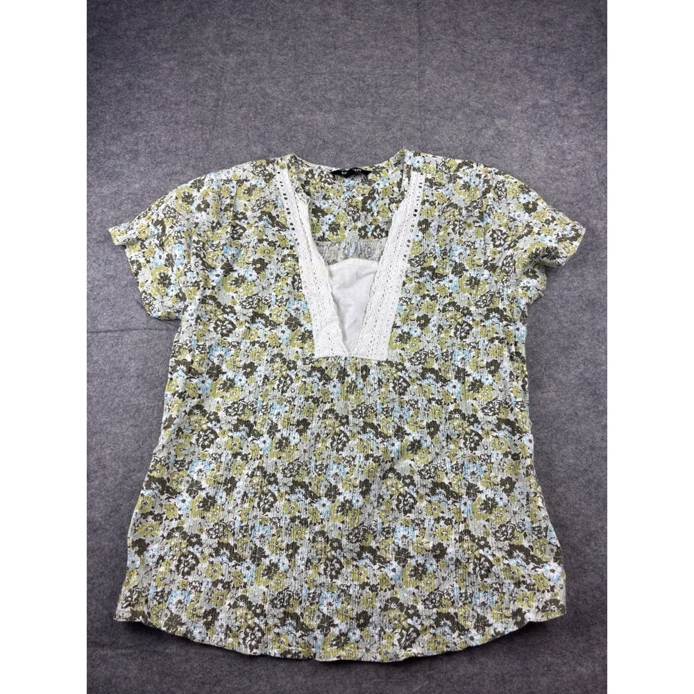 Krazy Kat Green Floral Blouse Lace Trim Cottagecore Fairy‎ Women's L VTG 90s Y2K